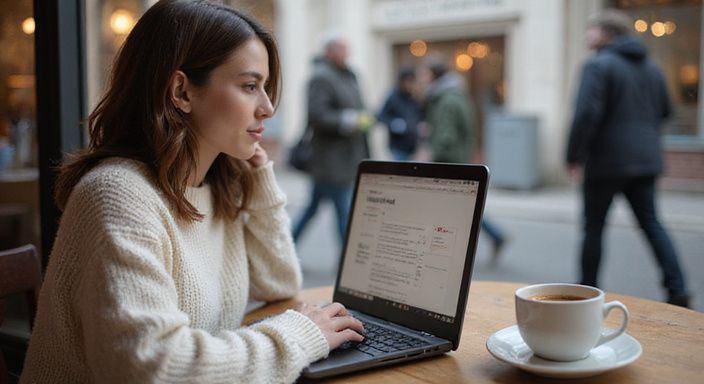 Eine konzentrierte Frau arbeitet an ihrem Laptop in einem Café.