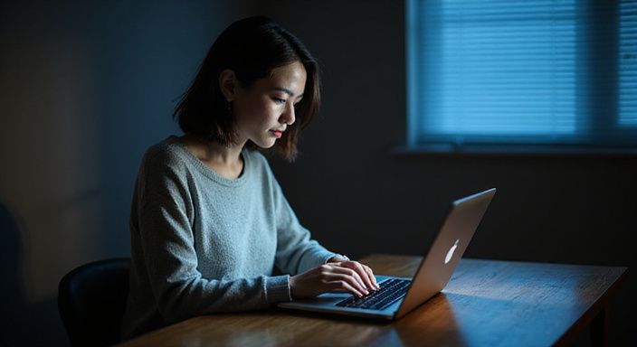 Eine Frau konzentriert sich nachts auf ihrem Laptop beim Online-Dating.