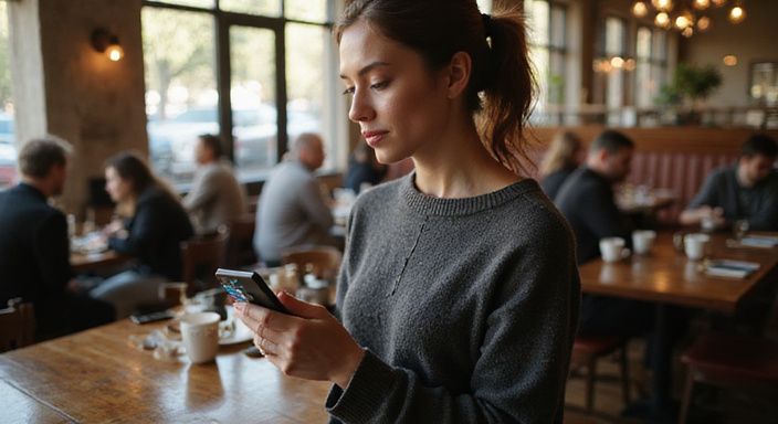 Eine Frau prüft aufmerksam einen ID Ausweis in einem Café