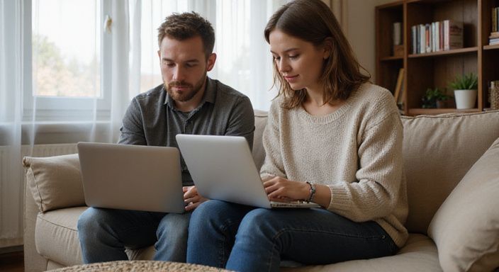 Ein Paar arbeitet entspannt auf ihren Laptops in einem gemütlichen Wohnzimmer.