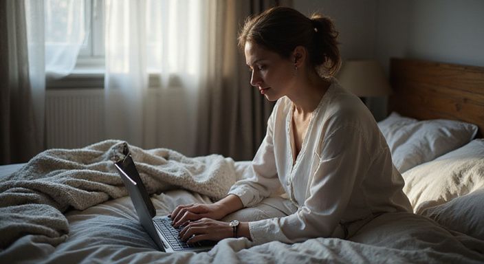 Eine Frau plant privat an ihrem Laptop in einem gemütlichen Schlafzimmer.