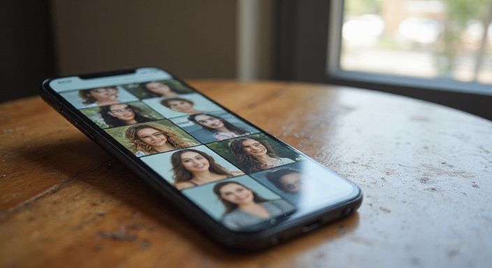 Ein Smartphone zeigt vielfältige Frauenprofile auf einer Dating-App für sexkontakt in Schleswig-Holstein.