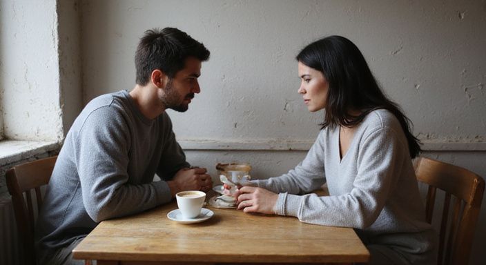 Zwei Personen führen ein intensives, vertrauliches Gespräch über sexkontakt Schleswig-Holstein in einem Café.