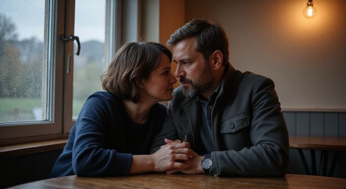 Ein Paar in einem Café teilt einen intensiven, stillen Moment.