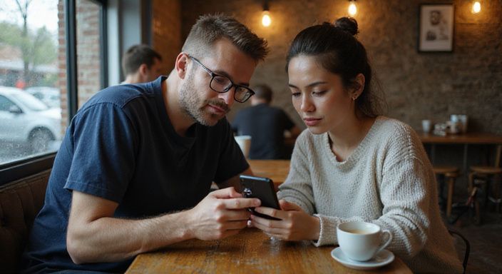 Ein Paar nutzt in einem Café konzentriert ihre Smartphones und suche sexkontakt Schleswig-Holstein.