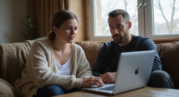 Ein Paar betrachtet persönliche Anzeigen auf einem Laptop im Wohnzimmer.