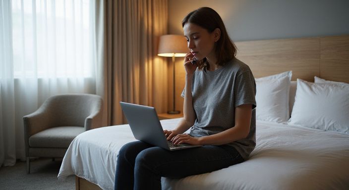 Eine Frau sitzt nachdenklich am Bett und telefoniert.