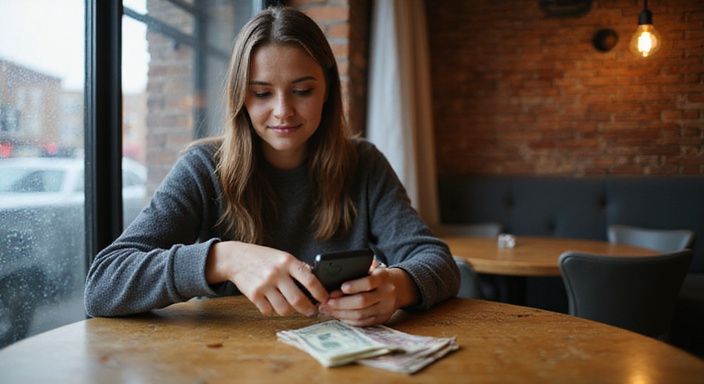 Eine Frau lächelt entspannt, während sie Geld an einem Tisch übergibt.
