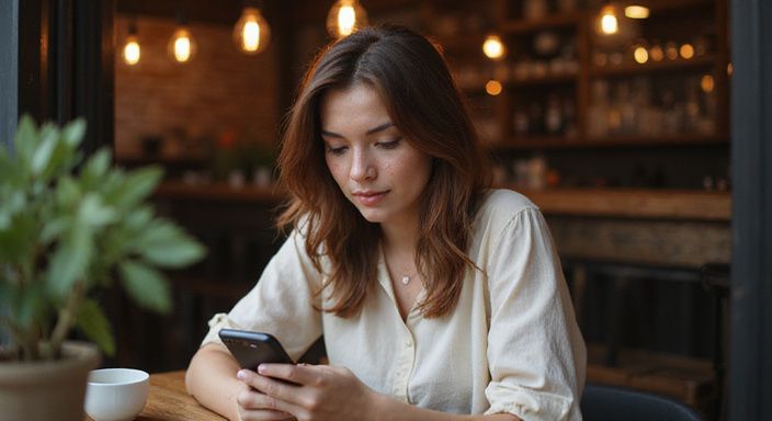 Eine ruhige Frau in einem Café, die intensiv auf ihr Smartphone schaut.