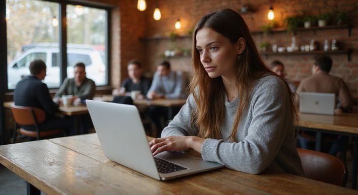Eine Frau sitzt konzentriert an einem Holztisch in einem Café.