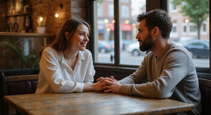 Ein Paar führt ein entspanntes Gespräch über sexkontakt Schleswig-Holstein an einem rustikalen Holztisch.