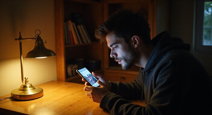 Eine Person sitzt nachdenklich am Schreibtisch und nutzt ihr Smartphone.