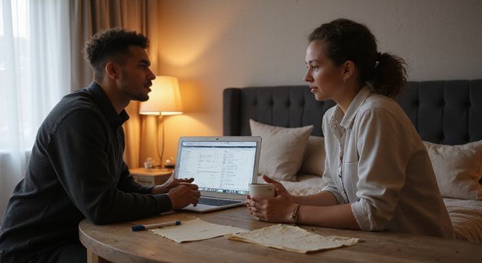 Zwei Erwachsene arbeiten intensiv an einem minimalistischen Schreibtisch.
