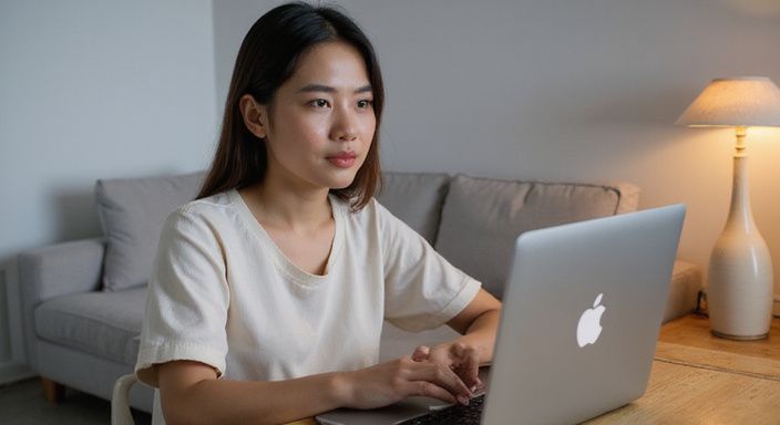 Eine Frau konzentriert sich auf eine Dating-App für BDSM-Dating an ihrem Laptop.