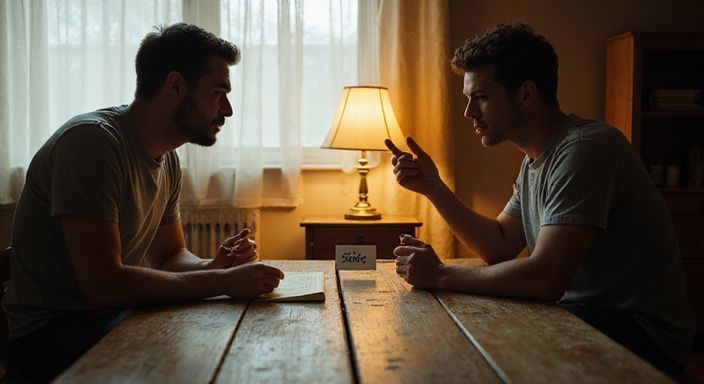 Zwei Erwachsene führen ein ehrliches Gespräch über BDSM-Dating an einem Holztisch.