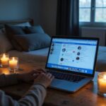 Ein MacBook Pro auf einem alten Schreibtisch in einem Schlafzimmer