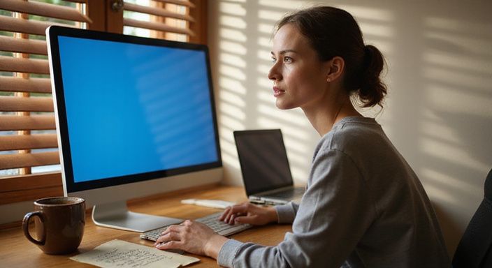 Eine besorgte Frau denkt über Online-Dating-Sicherheitsbedenken nach.