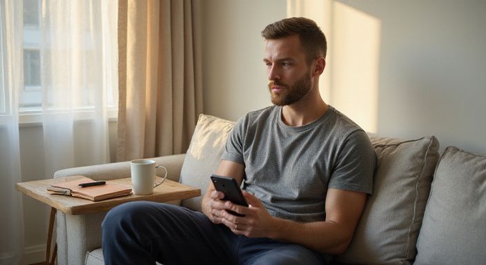 Ein nachdenklicher Mann sitzt entspannt auf einer modernen Couch.