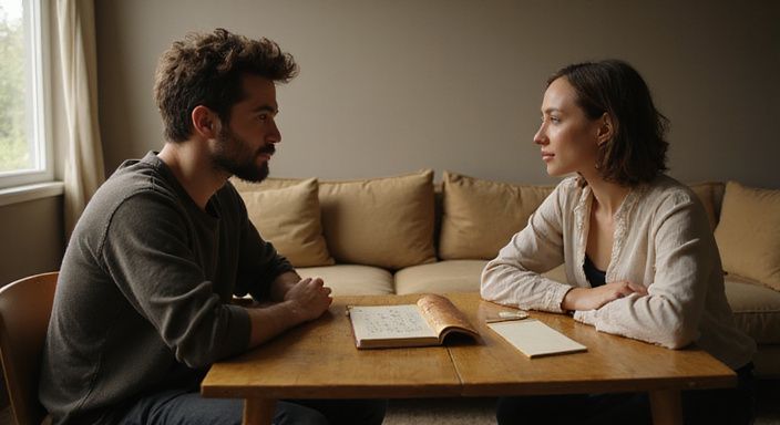 Zwei Erwachsene führen ein bedeutungsvolles Gespräch über BDSM-Dating an einem Tisch.