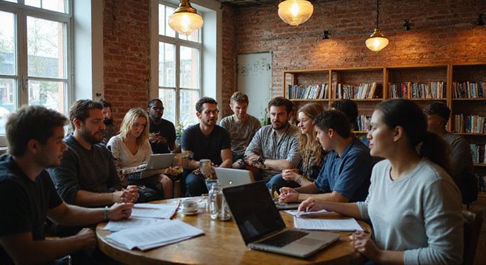 Eine Gruppe von Erwachsenen diskutiert in einem modernen Gemeinschaftszentrum.