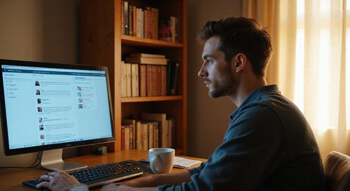 Ein Mann studiert konzentriert auf seinem Laptop in einem Homeoffice.