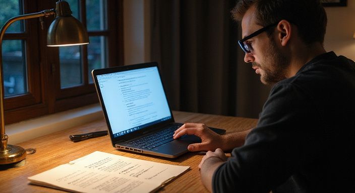 Ein Mann überprüft digitale Sicherheitsprotokolle an einem Schreibtisch.