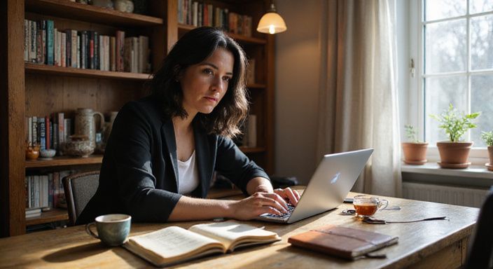 Eine konzentrierte Frau arbeitet an ihrem Laptop an einem Holztisch.