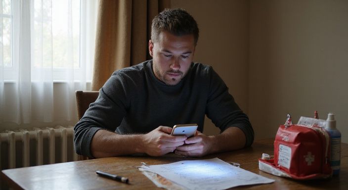 Ein Mann liest konzentriert ein Dokument auf seinem Smartphone.