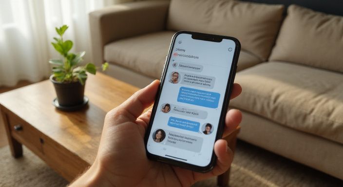 Das Bild zeigt ein Smartphone mit einer Dating-App für flirt kontakt in Deutschland in einem Wohnzimmer.