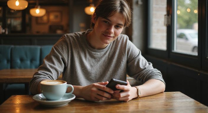 Junger Erwachsener genießt einen Kaffee und suche flirt kontakt in Deutschland.