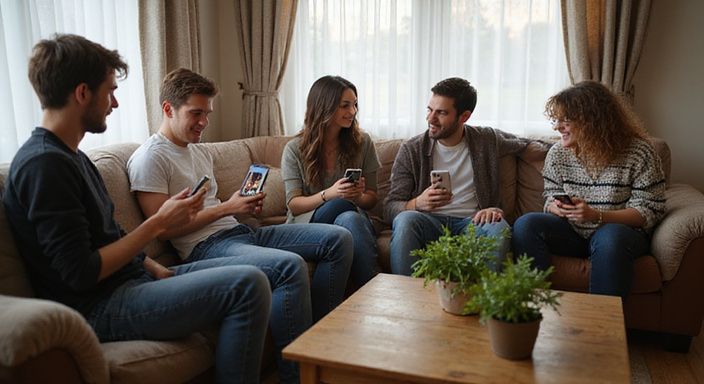 Junge Erwachsene unterhalten sich lebhaft in einem gemütlichen Wohnzimmer.