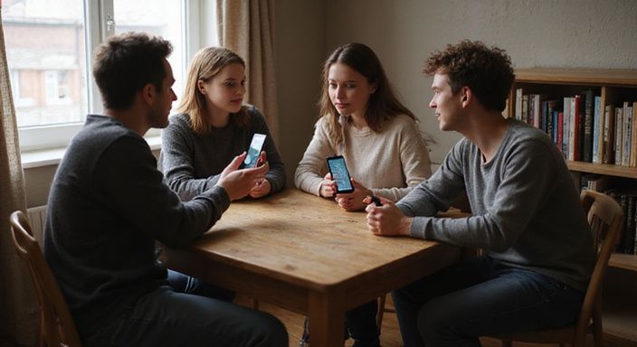 Junge Erwachsene diskutieren Dating-Apps bei einem gemütlichen Treffen.