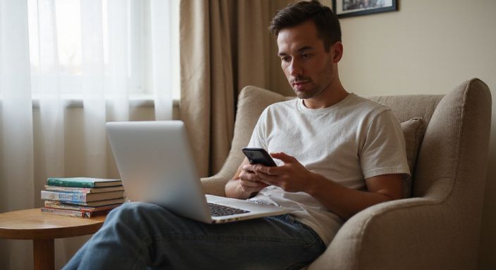 Eine Person sitzt entspannt mit Laptop und Smartphone in einem Wohnzimmer.