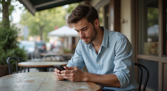Ein junger Mann plant sein erstes Date mit einem Smartphone.