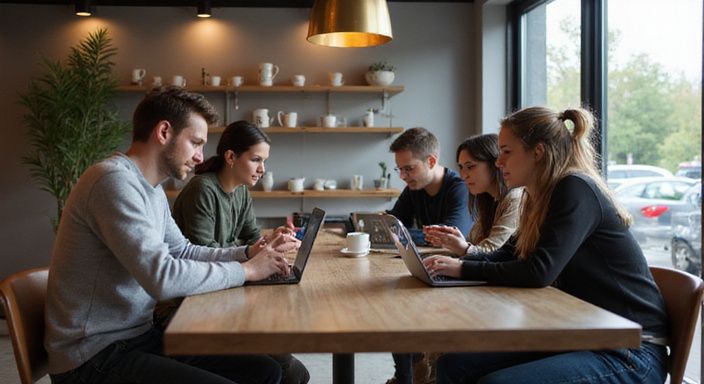 Eine Gruppe junger Erwachsener nutzt digitale Geräte in einem Café.