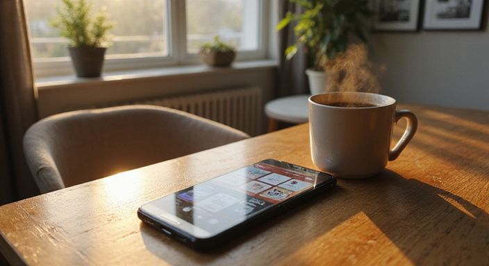 Ein Smartphone und eine Kaffeetasse auf einem abgenutzten Holztisch.