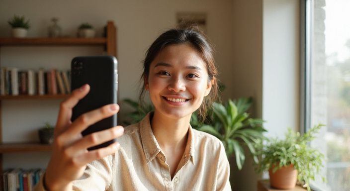 Die Person lächelt authentisch in einem lässigen, beigen Hemd und suche nach Flirtkontakt Schweiz.