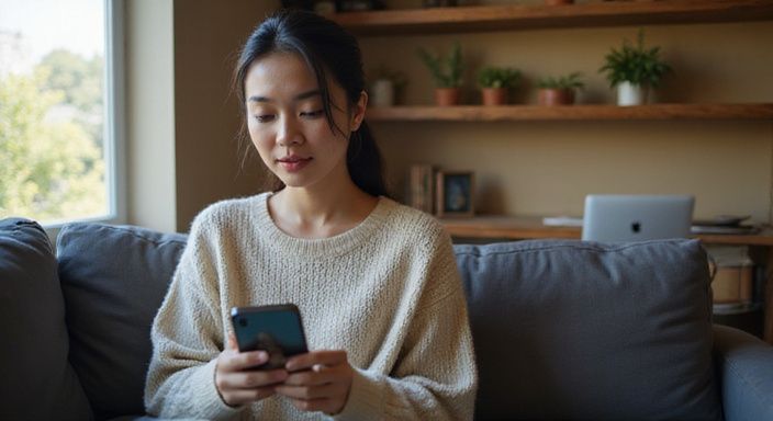 Eine Frau in Loungewear sitzt nachdenklich auf einem Sofa.