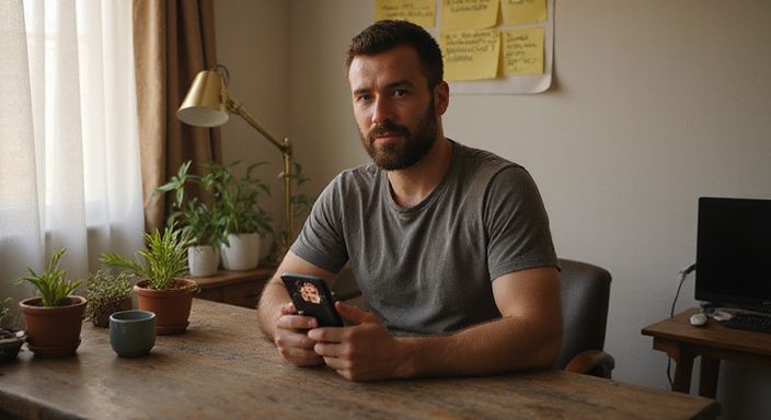 Ein Mann in lässiger Kleidung betrachtet sein Dating-Profil für Flirtkontakt Schweiz am Handy.