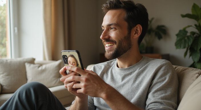 Eine Person in einem gemütlichen Raum während eines Videoanrufs.
