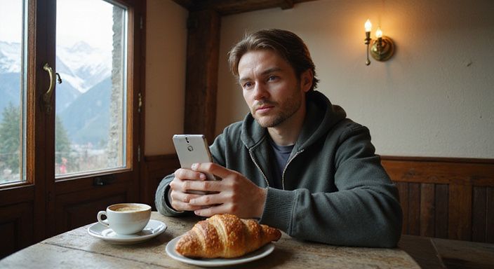 Eine Person nutzt eine Dating-App für Flirtkontakt Schweiz in einem gemütlichen Café.