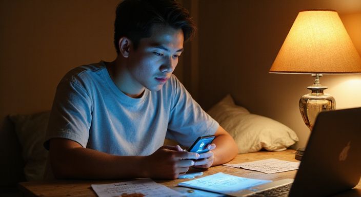 Eine konzentrierte Person prüft ihren Smartphone-Bildschirm in einem Heimbüro.