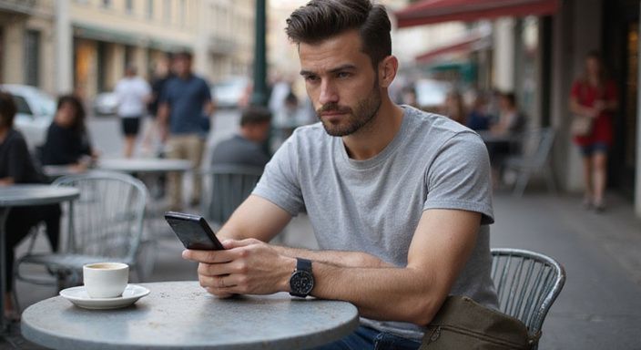 Eine angespannten Person mit Smartphone in einem europäischen Café.