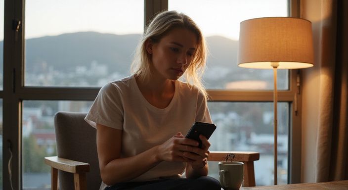 Eine nachdenkliche Frau nutzt eine Dating-App für Flirtkontakt Schweiz in ihrer Wohnung.