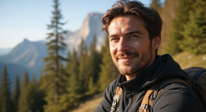Eine lächelnde Person in sportlicher Kleidung steht in den Bergen.
