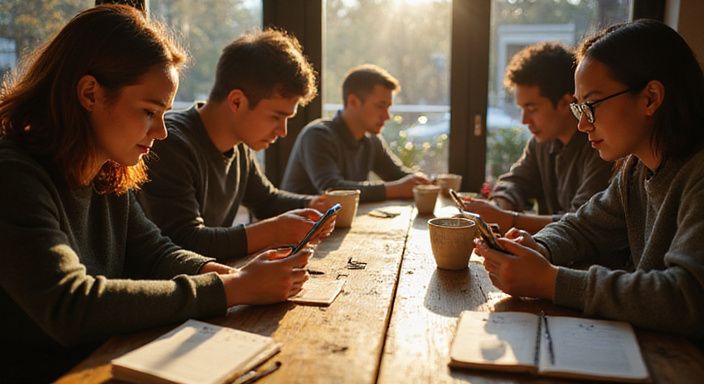 Eine Gruppe junger Erwachsener konzentriert sich auf Dating-Apps im Café.