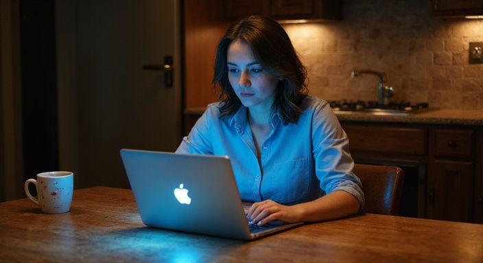 Eine nachdenkliche Frau sitzt an einem Holztisch mit Laptop und suche Milf Sexkontakte.