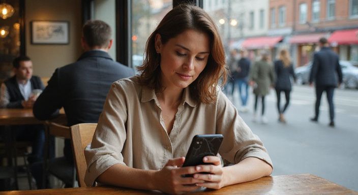 Eine Frau scrollt konzentriert auf ihrem Smartphone in einem Café und wollen Milf Sexkontakte.