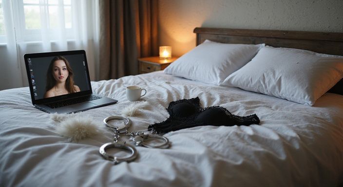 Ein Schlafzimmer mit Bett, Dessous, Handfesseln und einem Laptop.