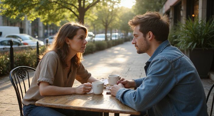Zwei Personen sitzen an einem Tisch in einem Außenkaffee.
